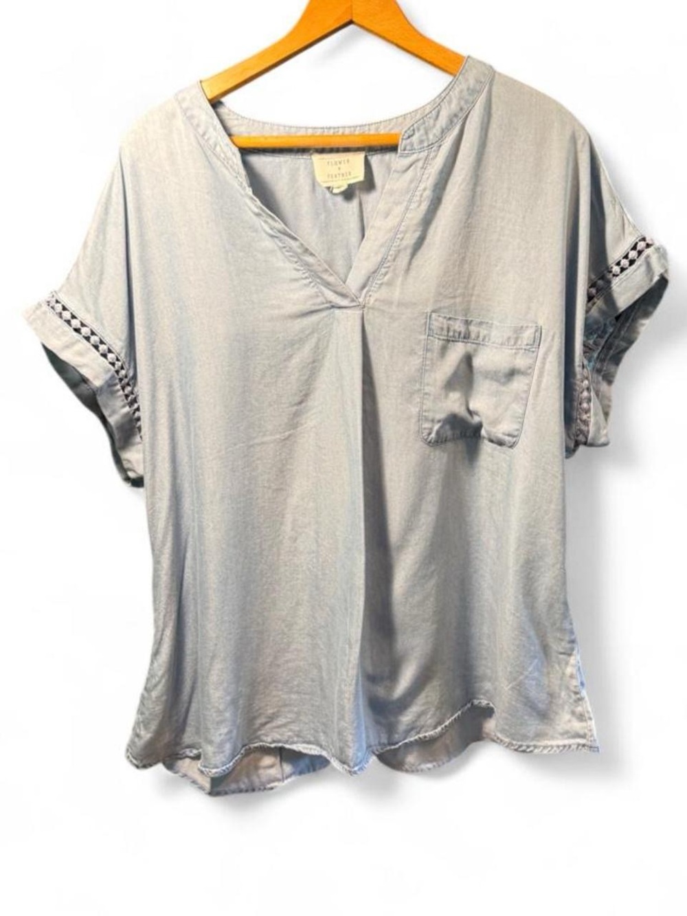 Casual Light Blue V-Neck Pocket Tee by Flower & Feather